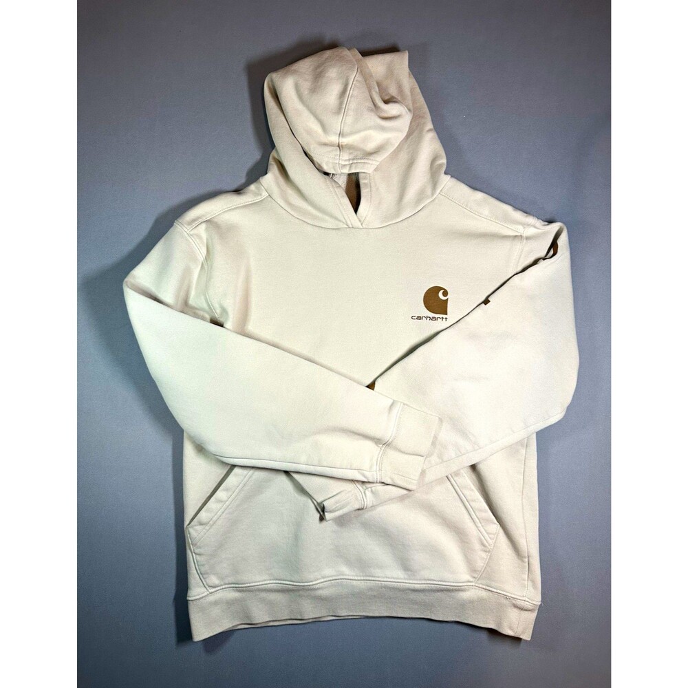 Carhartt Men's L Pullover Hoodie Beige Graphic Print Logo Fleece Pockets